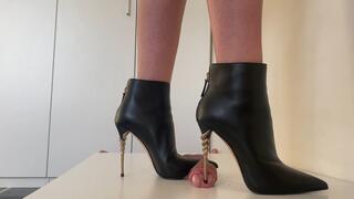 Lady Latisha - Le Silla Black Leather Stiletto Booties- Cock Trampling CBT Bootjob - POV