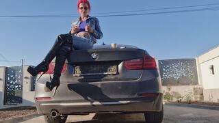 Nicotine Craving Denim Goddess – Seductive Smoking On The Trunk