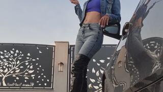 Nicotine Craving Denim Babe – Smoking Seduction By The Car