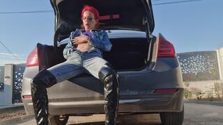 Nicotine Craving Denim Babe – Smoking & Pussy Play On Car Hood Fantasy
