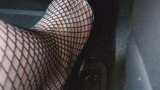 I go for a drive in my new mustang wearing my black pumps and fishnets!! After a couple minutes I take my shoe off and drive in just the fishnets! Lots of playing with the pedals!