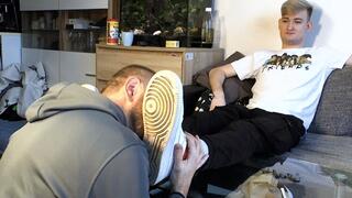 Pinned under Jerry's massive soles, Ben is left completely helpless as he eagerly licks and worships every single inch of his dominant feet.