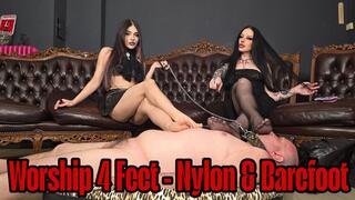 Double foot humiliation - pathetic slave worship - nylon and barefoot