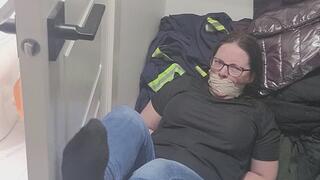 Gagged wrapped closet damsel