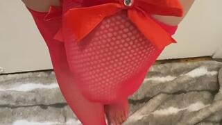 30. Melove Sexy Legs in Red Fishnet Showing Small feet with Long Toes