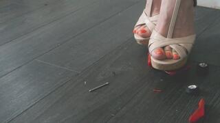 Giantess goddess Charlie Caroline Crushes a 1991 Pontiac Firebird in mega Wedges with painted toenails low right close up view camera angle poor