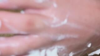 20 Year Old Girl - Beautiful Feet with Painted Nails Covered in Whipped Cream + Simulated Handjob with Can - Foot Fetish 4K