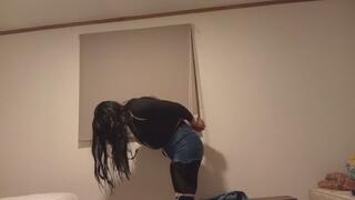 Amateur strappado crossdresser selfbondage in shorts jeans