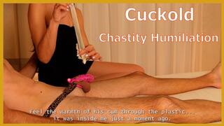 Cuckold Chastity Humiliation: Emptying My Bull's Used Condom Over My Locked Husband. Tease and Denial.