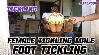 Woman tickling a completely tied man a lot (T)