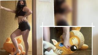 Mistress Mersiiik trampling and stomping an inflatable deer, stepping on it with her bare feet, walking on it, crushing it with all her weight, standing on its head, and also sitting on it and rubbing against it. Beautiful legs and ass. fetish