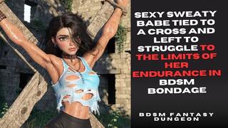 Cute muscled raven haired gym babe hanging defeated tied to a cross in BDSM Bondage for not shaving her sweaty hairy armpits so you can watch her fit toned body struggle