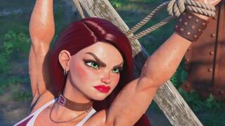 Cute muscled redhead gym babe hanging defeated tied to a cross in BDSM Bondage for not shaving her sweaty hairy armpits so you can watch her fit toned body struggle
