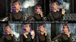 Short purple hair, nude glossy lips and marlboro red 100s close up!