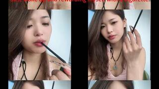 An Asian girl, just woken up, takes a sip of coffee and then lazily smokes a cigarette