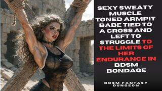 Hot muscled dark haired gym babe with huge tits hanging defeated sweating tied to a cross in BDSM Bondage exposing her sweating armpits so you can watch her fit toned body writhe in the heat