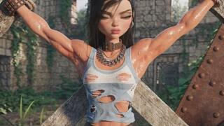 Cute muscled dark haired gym babe hanging defeated sweating tied to a cross in BDSM Bondage for not shaving her sweaty hairy armpits so you can watch her fit toned body