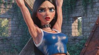 Hot muscled dark haired gym babe in blue sports vest hanging defeated sweating tied to a cross in BDSM Bondage exposing her sweating armpits so you can watch her fit toned body writhe in the heat