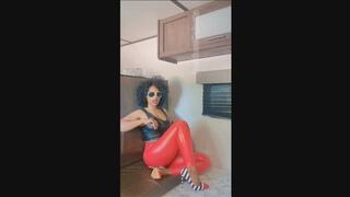 You love when i Fart in leather red pants and high heels
