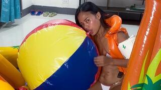 Looner Camylle Blows Up 2 Big Beachballs By Mouth In A White Bikini