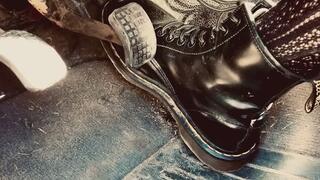 Hard Pedal Pumping: Shiny Dr. Martens Boots and Fishnets Trampling Focus