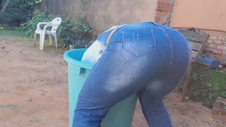 She farts while stuck in a bucket