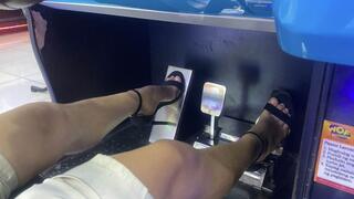 331 - Jammie playing arcade in open toe sandals