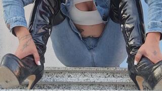 Blowing Yellow Snot on the Steps – Long Thick Strings of Mucus in Tight Jeans & Leather Boots