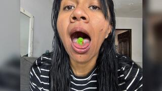 giant plays with a mini duck in his mouth