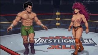 Mixed wrestling cartoon style AI: Barbra vs Logan FULL