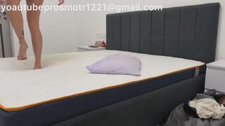 Nastya, in a shirt and panties, jumps and tramples the mattress and the large bed, first in heels, then in very dirty sneakers, and then barefoot, the poor mattress...
