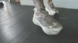 Giantess goddess Charlie Caroline Crushes a Modern Ford Mustang in chunky trainers close leg view