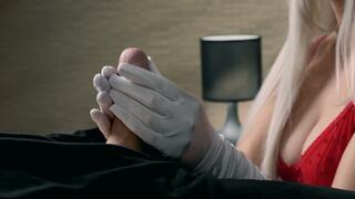 Extreme Close Up Edging Handjob In White Satin Gloves
