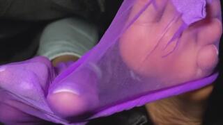Purple Nylons Foot Tease