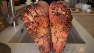 Dirty Feet After Repotting Flowers - Muddy Soles Close Up Tease & Washing in Sink.