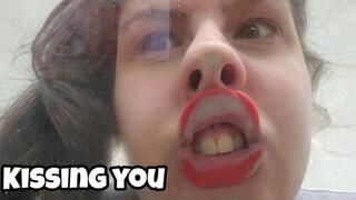 Red Lips Kissing Through Glass Table - Squished Face & Deformed Lips POV