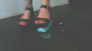 Giantess goddess Charlie Caroline Crushes a 1953 Ford Victoria Convertible in chunky black feet seeing heels Left close view