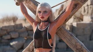Hot muscled light haired gym babe with huge tits hanging defeated sweating tied to a cross in BDSM Bondage exposing her sweating armpits so you can watch her fit toned body writhe in the heat