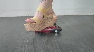 Giantess goddess Charlie Caroline Crushes a 1970 Ford Cuda in big strong wedges with painted toenails close ground view
