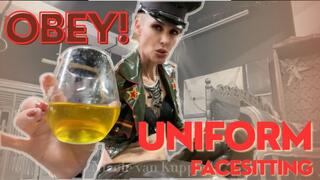 Latex Uniform facesitting - Mistress Nicole watersports you into obedience training - in military uniform with peaked cap and black high heels boots