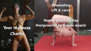 Lift and carry: Charlie muscle mommy overpowers Kane Vision, squatting with him on her back throwing him around