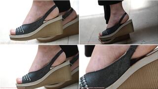 Amazing candid arched feet and hot bareheels with wedge sandals, ingnoring foot fetish close-up.