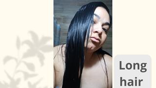 I put cream on my face and comb my long hair