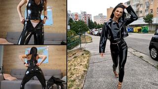 Jade wearing her pvc outfit and walking outdoors