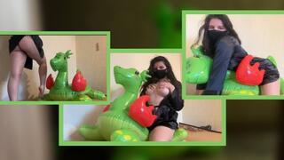 Mistress Mersiiik tramples an inflatable dragon with bare feet, steps on it with all her weight, stands on one leg, jumps on it, sits on it, and rubs against it. Bare feet, young, ass, foot fetish