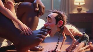 Submissive Man Grovels and Licks His Dominant Wife's Feet