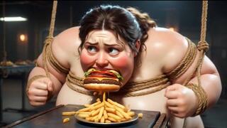 Tied Up SSBBW Eats Massive Meal While Kneeling - Belly Stuffing