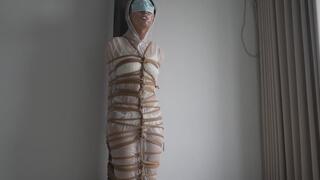 Strict Chinese Girl Plastic Wrap Mummification Bondage - Tight Rope & Blindfold Standing Torment