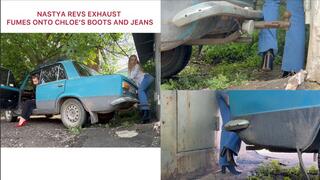 Nastya revs exhaust fumes onto Chloe’s boots and jeans (custom video)