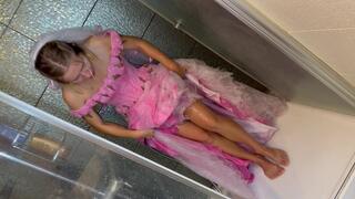 Wetlook in Pink Wedding Dress and Veil with Stockings!